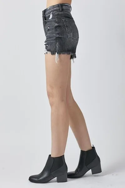 RISEN High Rise Distressed Black Denim Shorts