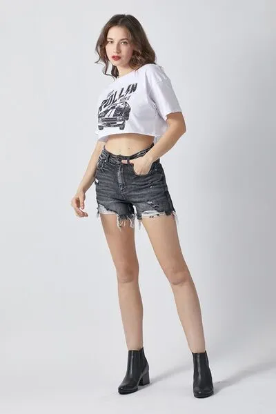 RISEN High Rise Distressed Black Denim Shorts