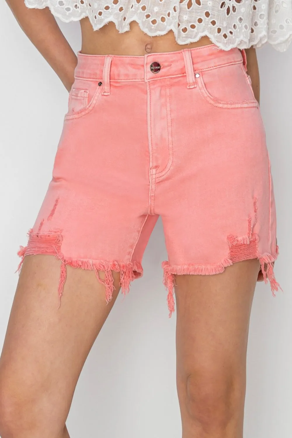 RISEN Women's High Rise Distressed Denim Shorts with Pockets | Trendy Summer Style