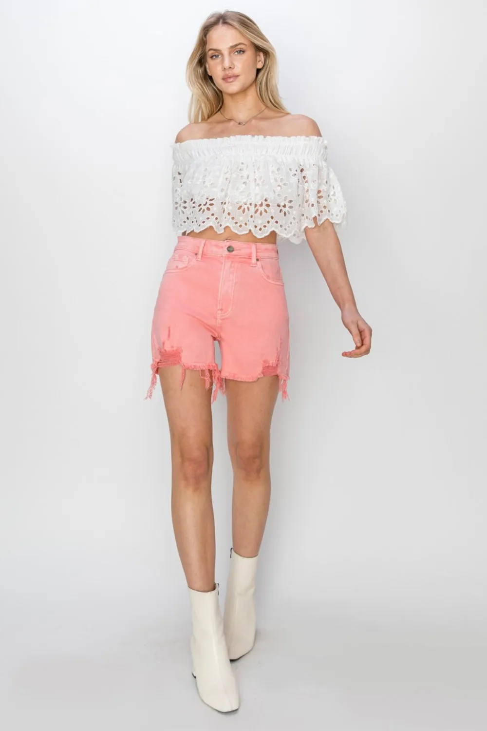 RISEN Women's High Rise Distressed Denim Shorts with Pockets | Trendy Summer Style