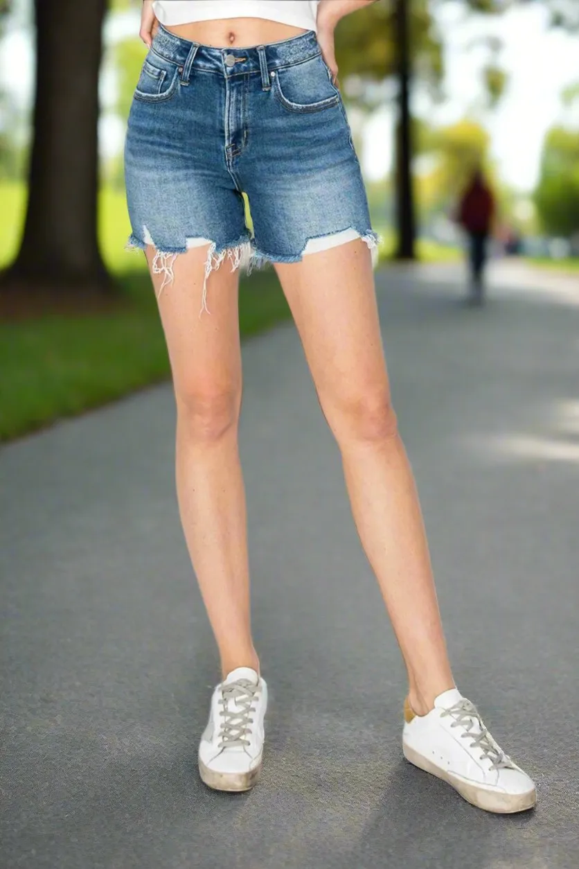 RISEN Women's High Rise Distressed Denim Shorts with Raw Hem | Summer Essential