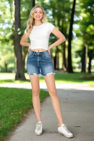 RISEN Women's High Rise Distressed Denim Shorts with Raw Hem | Summer Essential