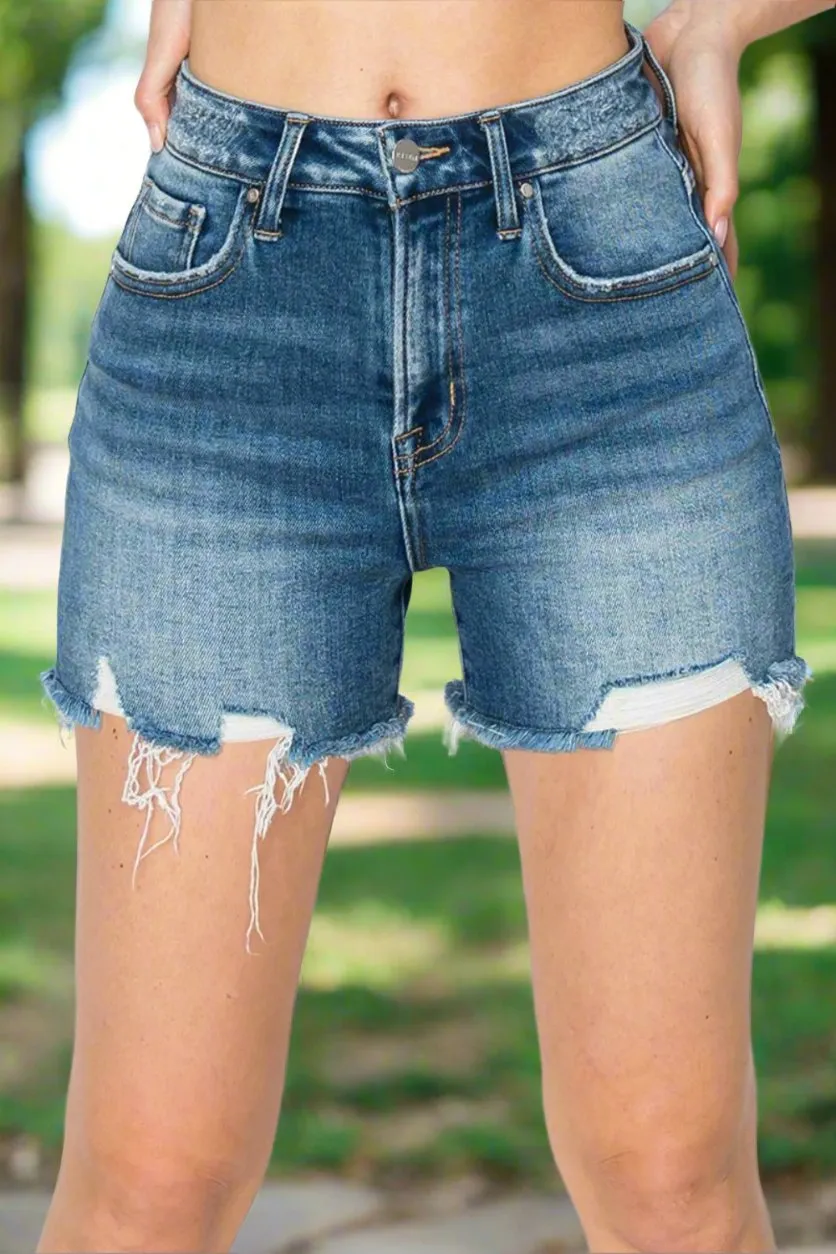 RISEN Women's High Rise Distressed Denim Shorts with Raw Hem | Summer Essential