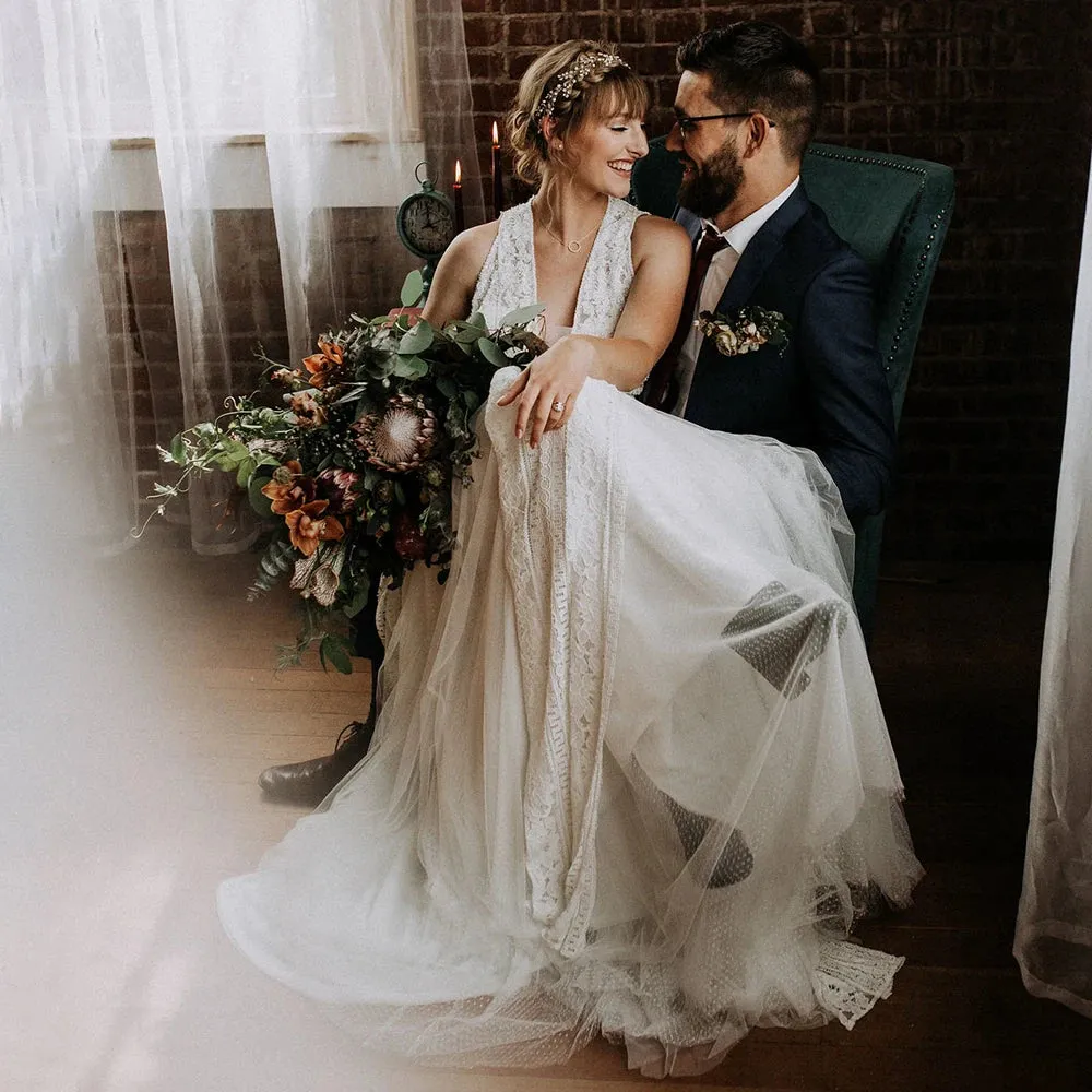 Romantic Lace Dotted Tulle Beach Bridal Gown Customized Halter Elopement Photography Backless RacerBack Rustic Wedding Dress