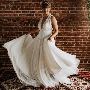 Romantic Lace Dotted Tulle Beach Bridal Gown Customized Halter Elopement Photography Backless RacerBack Rustic Wedding Dress
