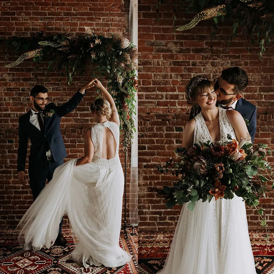 Romantic Lace Dotted Tulle Beach Bridal Gown Customized Halter Elopement Photography Backless RacerBack Rustic Wedding Dress
