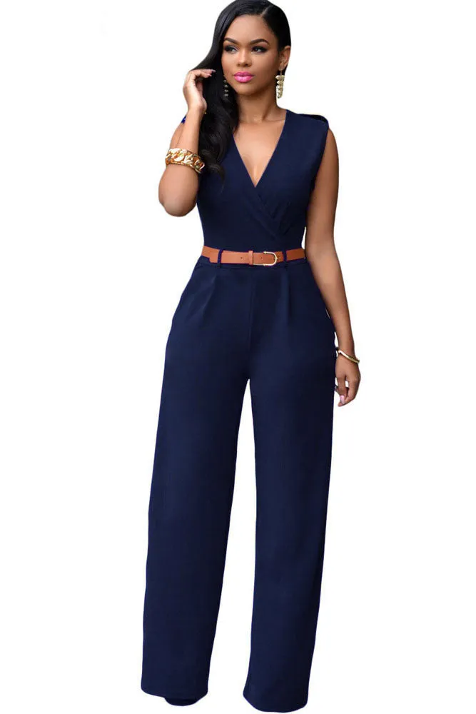 Rompers 6 Colors Women Jumpsuit V Neck Belt Embellished Jumpsuit LC64003 Plus Size S M L XL XXL
