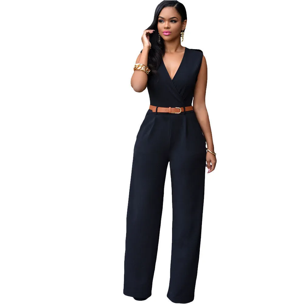 Rompers 6 Colors Women Jumpsuit V Neck Belt Embellished Jumpsuit LC64003 Plus Size S M L XL XXL