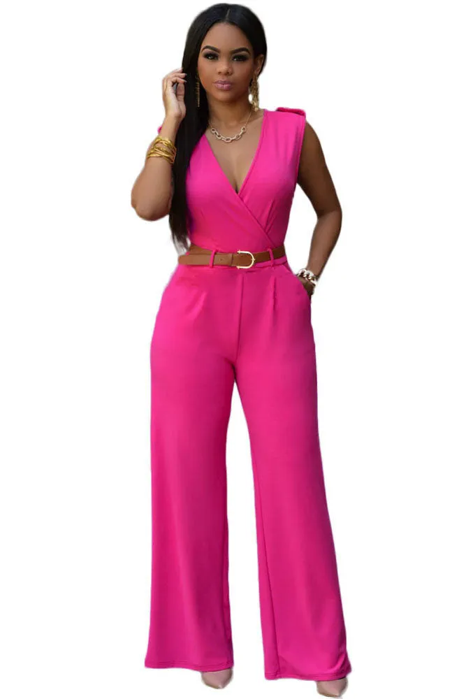 Rompers 6 Colors Women Jumpsuit V Neck Belt Embellished Jumpsuit LC64003 Plus Size S M L XL XXL