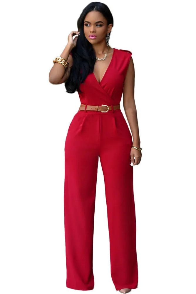 Rompers 6 Colors Women Jumpsuit V Neck Belt Embellished Jumpsuit LC64003 Plus Size S M L XL XXL