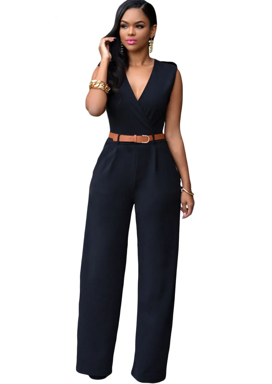 Rompers 6 Colors Women Jumpsuit V Neck Belt Embellished Jumpsuit LC64003 Plus Size S M L XL XXL