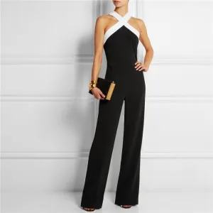 Rompers Womens Jumpsuit Black White Splicing Playsuits Wide Leg Halter Ladies Elegant Plus Size XXXL Bodysuits