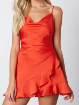 Satin Cowl Neck Ruffle Hem Criss Cross Back Romper