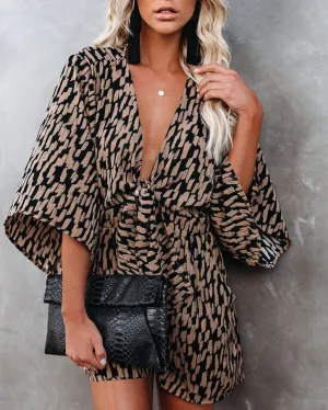 Say Good Bye Printed Pocketed Tie Romper - Camel