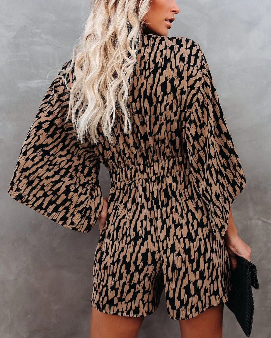 Say Good Bye Printed Pocketed Tie Romper - Camel