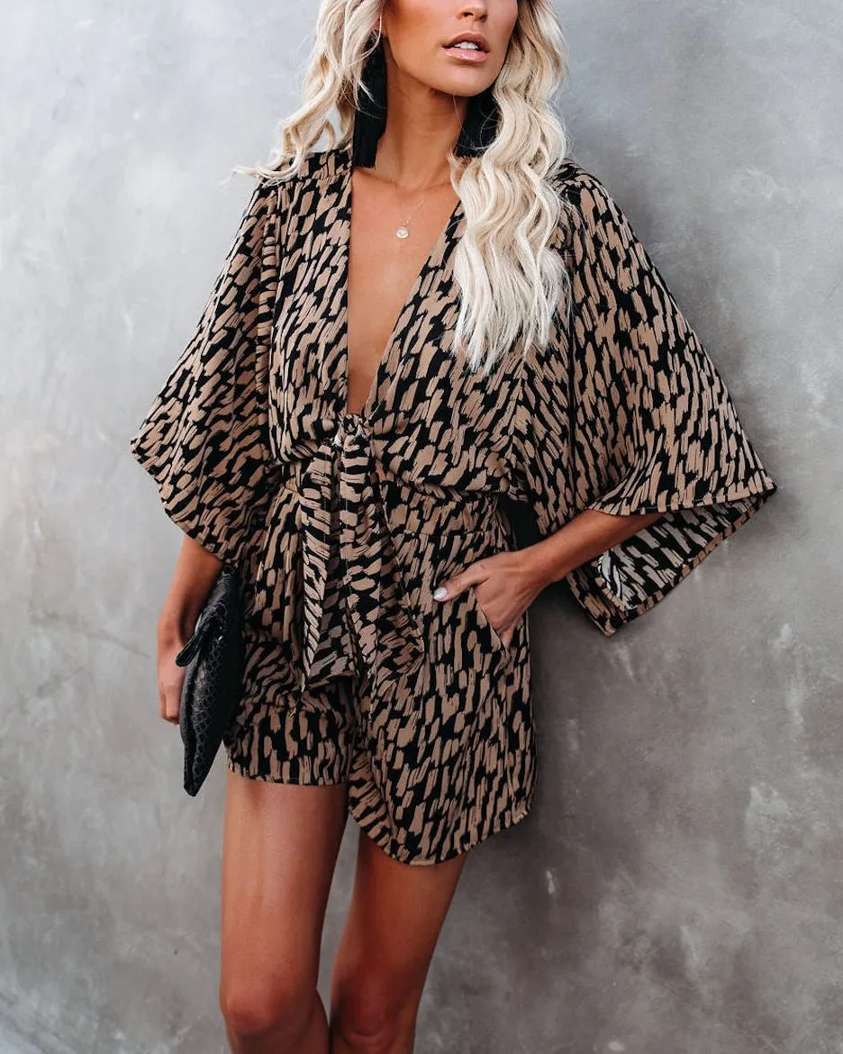 Say Good Bye Printed Pocketed Tie Romper - Camel