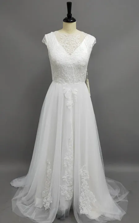 Scoop-Neck Cap-Sleeve Tulle Pleated Appliqued Dress With Illusion And Beading-714856
