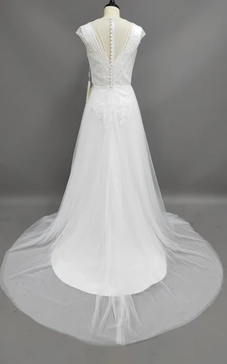 Scoop-Neck Cap-Sleeve Tulle Pleated Appliqued Dress With Illusion And Beading-714856