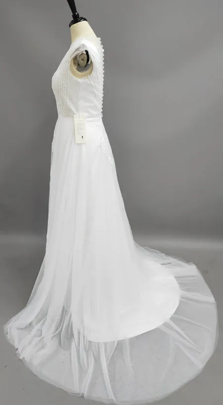 Scoop-Neck Cap-Sleeve Tulle Pleated Appliqued Dress With Illusion And Beading-714856