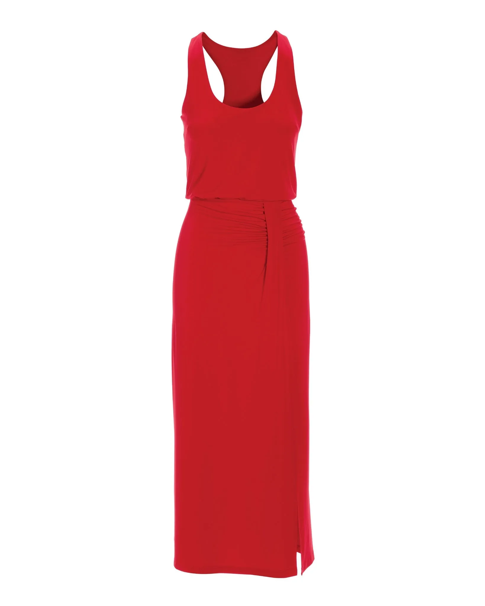 Scoopneck Blouson Slit Midi Dress Tomato Red