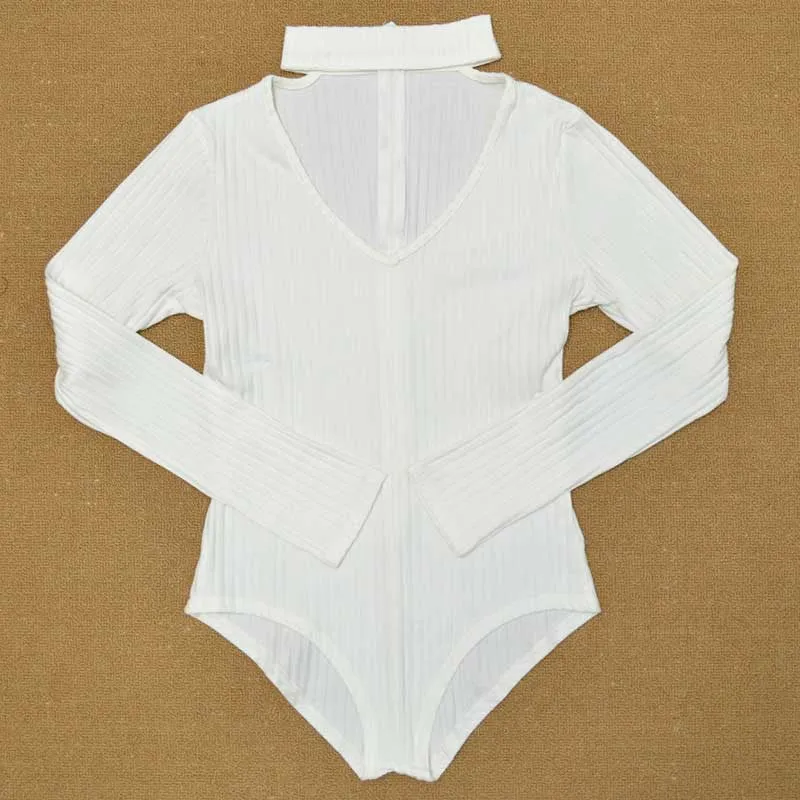 Sexy Choker High Neck Plunge V Long Sleeve Shoulder Women Autumn Spring Ribbed Bodysuits Playsuits Rompers Jumpsuits