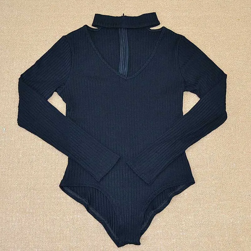 Sexy Choker High Neck Plunge V Long Sleeve Shoulder Women Autumn Spring Ribbed Bodysuits Playsuits Rompers Jumpsuits