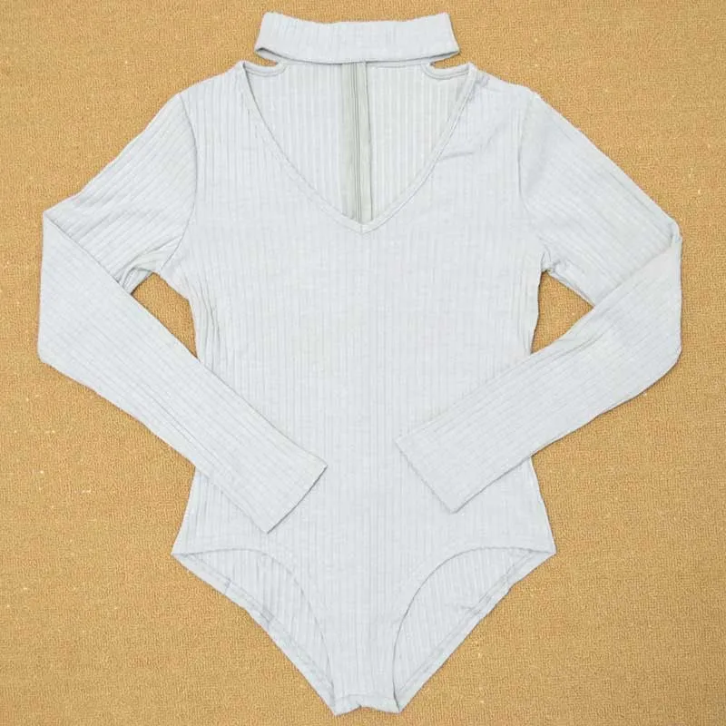 Sexy Choker High Neck Plunge V Long Sleeve Shoulder Women Autumn Spring Ribbed Bodysuits Playsuits Rompers Jumpsuits