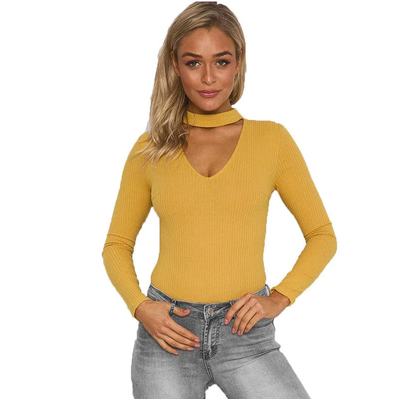 Sexy Choker High Neck Plunge V Long Sleeve Shoulder Women Autumn Spring Ribbed Bodysuits Playsuits Rompers Jumpsuits