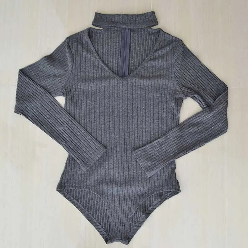 Sexy Choker High Neck Plunge V Long Sleeve Shoulder Women Autumn Spring Ribbed Bodysuits Playsuits Rompers Jumpsuits