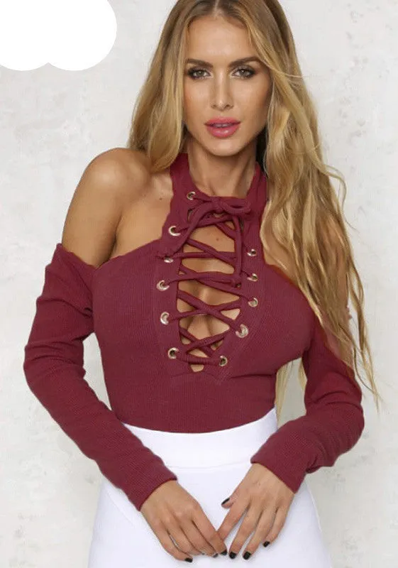 Sexy Knitted Bodysuit Slim Halter Off Shoulder Lace Up Hollow Out Overalls Club Wear Women Black Jumpsuit Rompers
