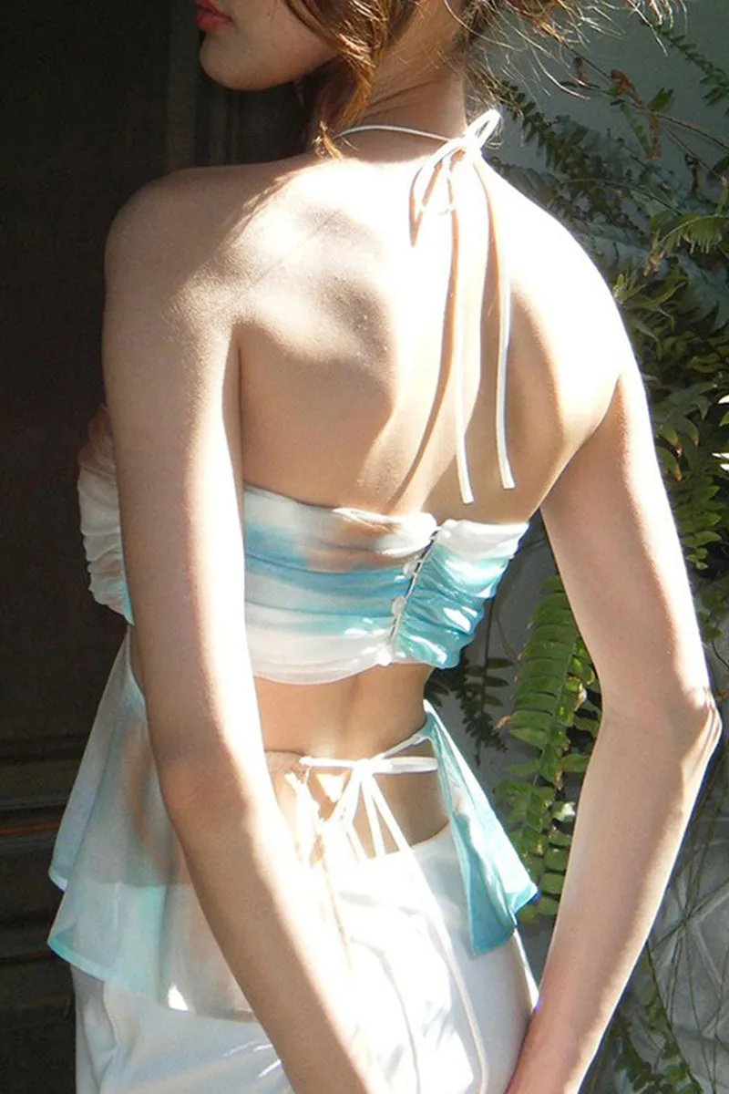 Sexy Vacation Tie Dye Ruched Contrast Halter Tops