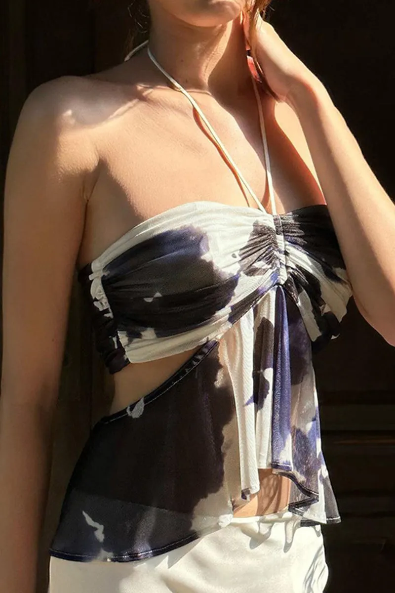 Sexy Vacation Tie Dye Ruched Contrast Halter Tops