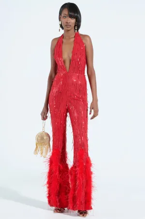 SHE'S SO CANDID MESH FEATHER EMBELLISHED JUMPSUIT
