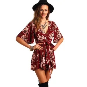 Shorts Rompers Womens Jumpsuits Summer Ladies Red Sexy Deep V Neck Short Sleeve Floral Tie Waist Casual Jumpsuit