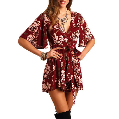 Shorts Rompers Womens Jumpsuits Summer Ladies Red Sexy Deep V Neck Short Sleeve Floral Tie Waist Casual Jumpsuit