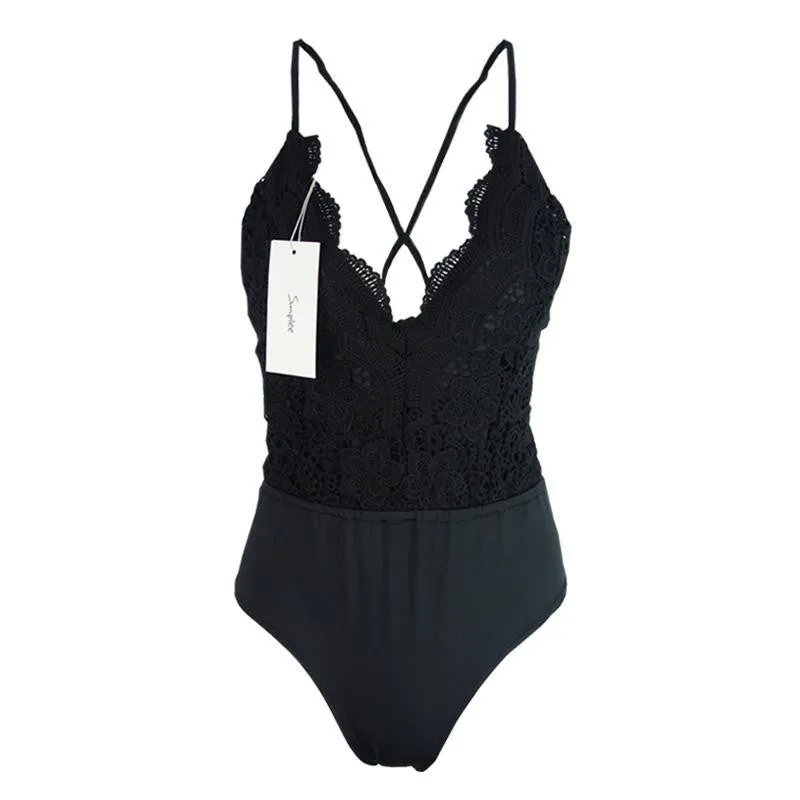 Simplee Apparel Black lace up backless bodysuit Spring elastic deep v neck women jumpsuit rompers Casual cami tops