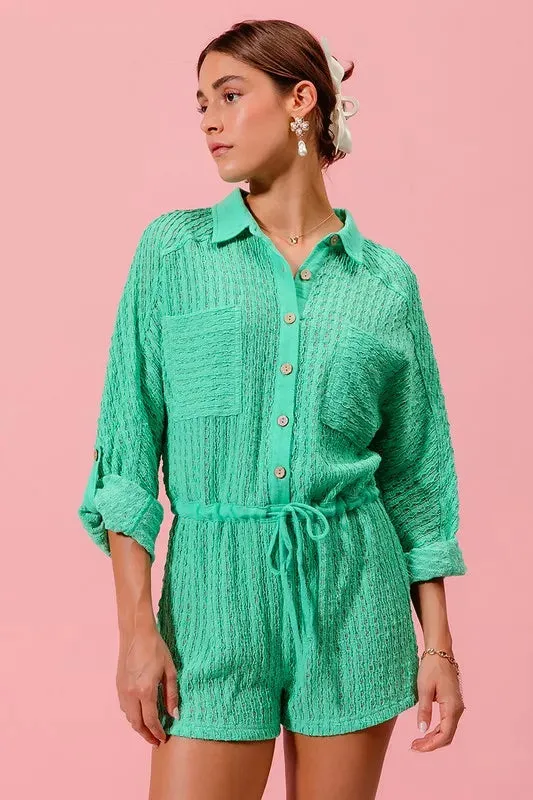 SO ME Textured Knit Button Front Romper