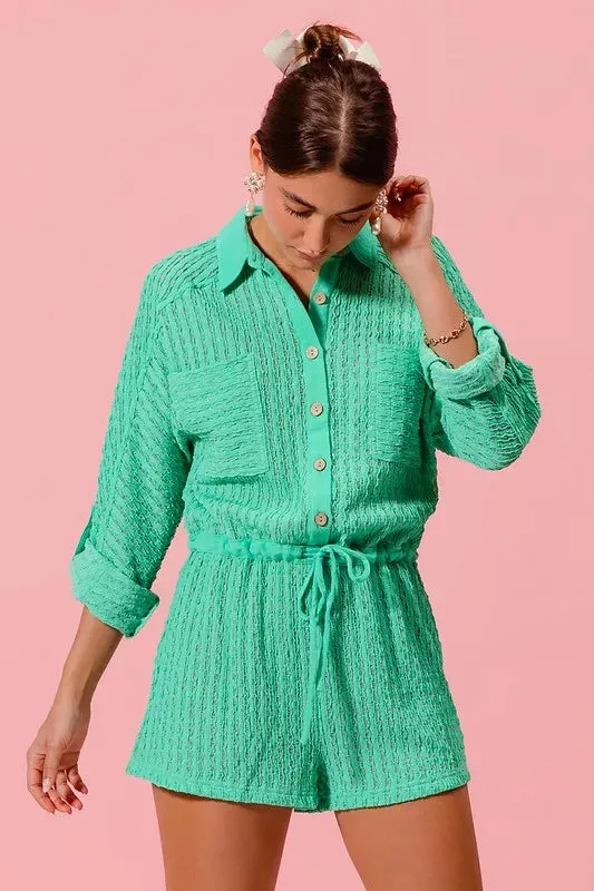 SO ME Textured Knit Button Front Romper