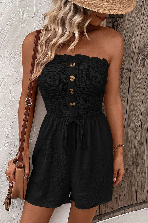 Solid Color Tube Top Button Pleated Casual Rompers