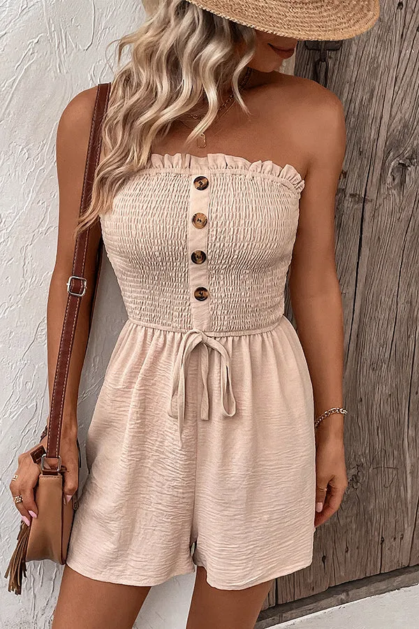 Solid Color Tube Top Button Pleated Casual Rompers