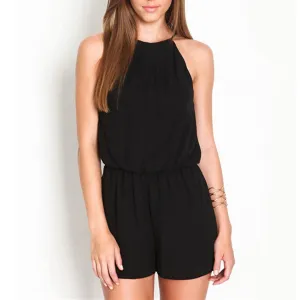 Solid Rompers Womens Summer Hollow Out Sexy Sleeveless Playsuits Halter Keyhole Back Chiffon Overalls Plus Size
