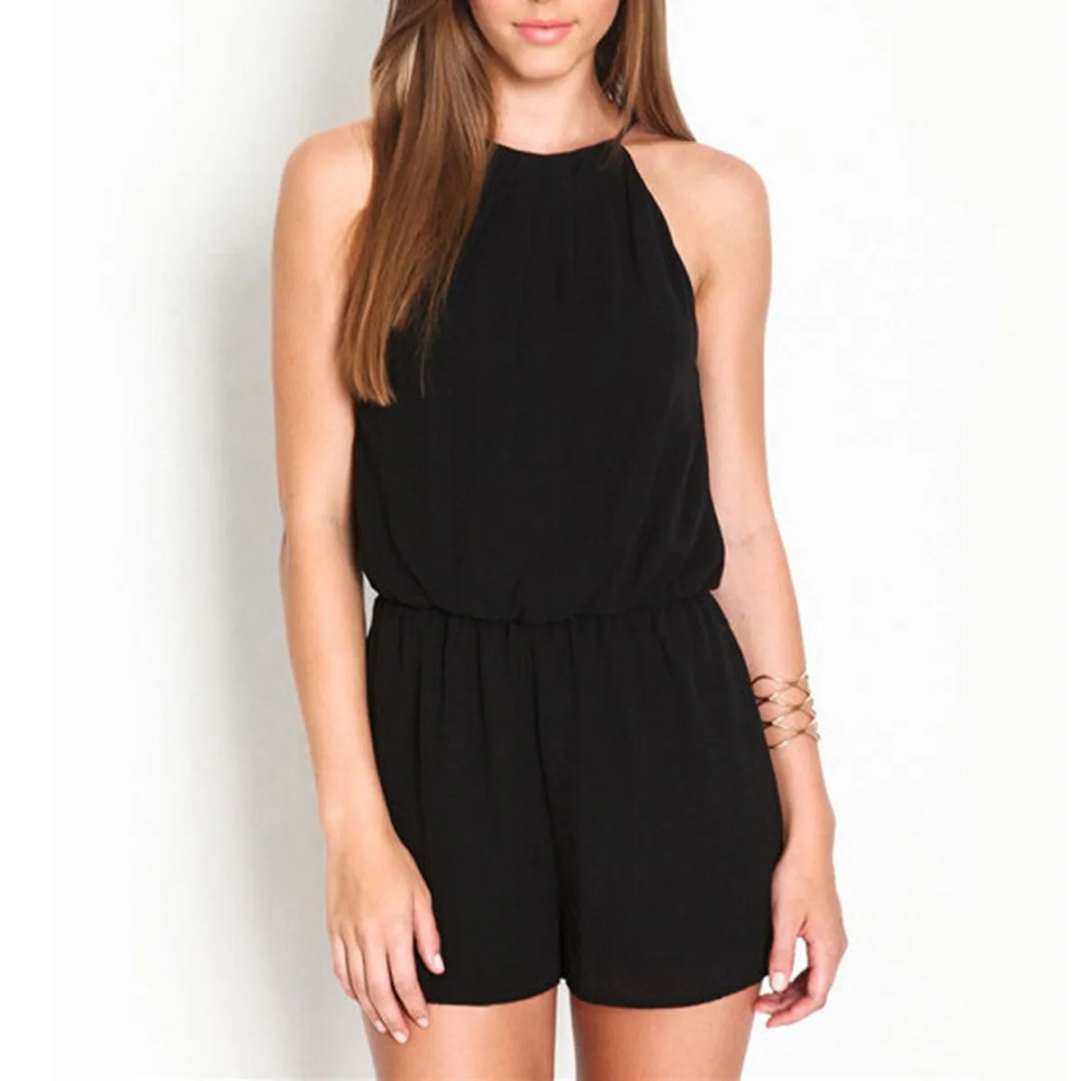 Solid Rompers Womens Summer Hollow Out Sexy Sleeveless Playsuits Halter Keyhole Back Chiffon Overalls Plus Size