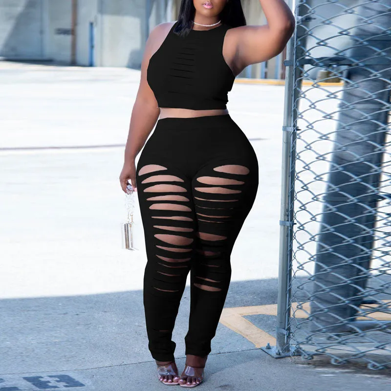 Solid Sleeveless Crop Top & Cut Out Pants Set