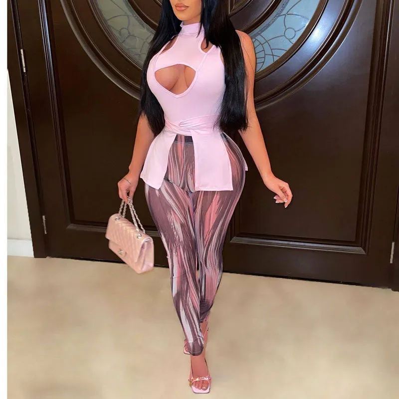 Solid Sleeveless Cut Out Slit Top & Print Pants Set