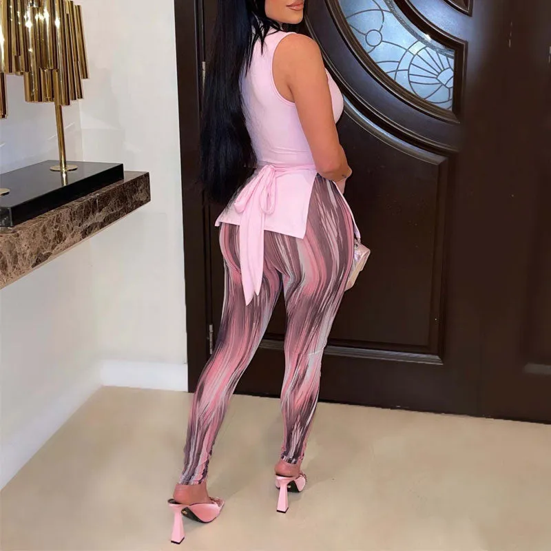 Solid Sleeveless Cut Out Slit Top & Print Pants Set