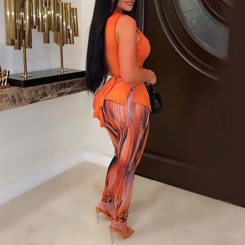 Solid Sleeveless Cut Out Slit Top & Print Pants Set