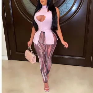 Solid Sleeveless Cut Out Slit Top & Print Pants Set