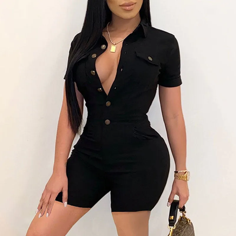 Solid Turndown Neck Button Detailed Romper