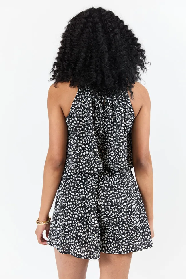 Spotlight Moment Black and White Daisy Print Halter Neck Romper