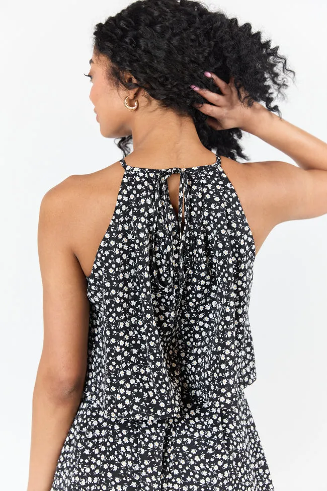 Spotlight Moment Black and White Daisy Print Halter Neck Romper